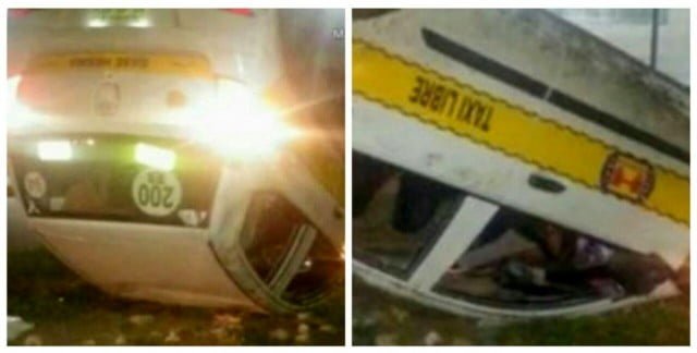 Taxista huye tras cometer robo y termina volcado