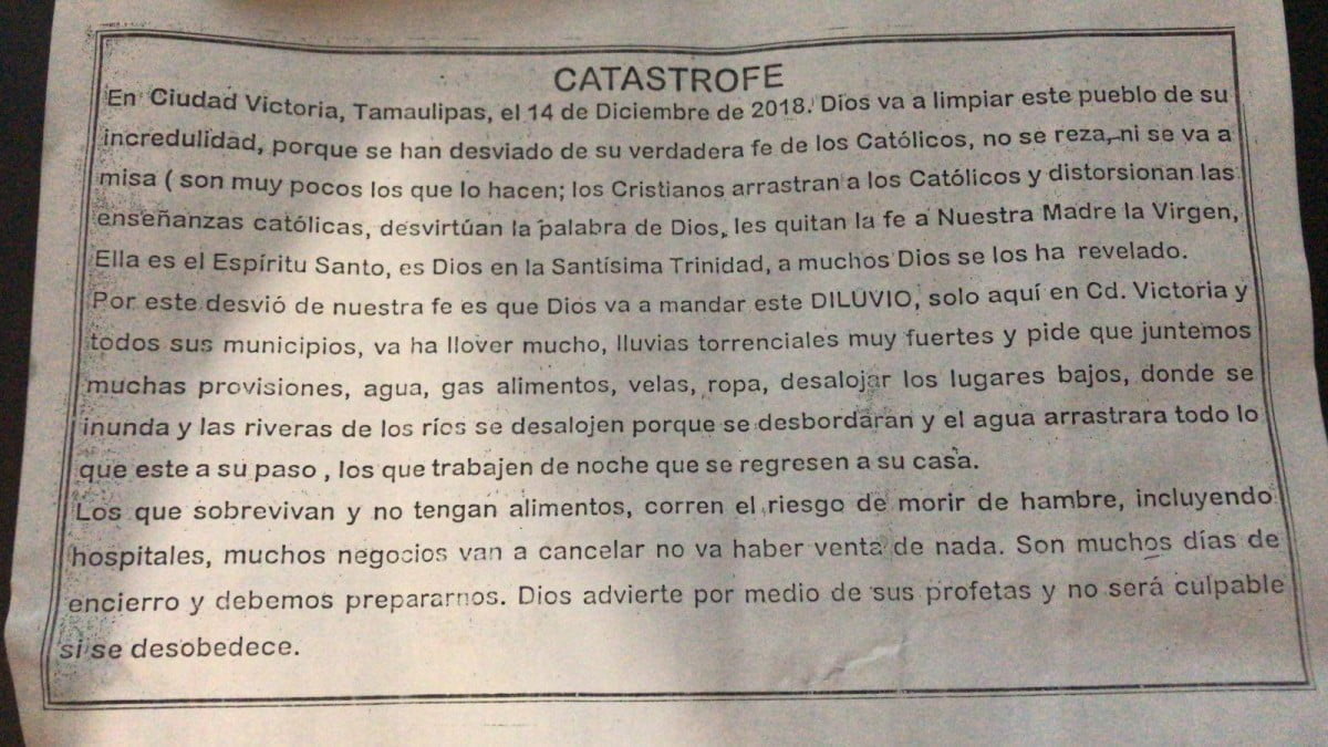 Folletos que anuncian catástrofe, generan alarma en Victoria