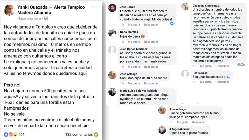 Denuncias en redes sociales extorsión de tránsitos en Tampico