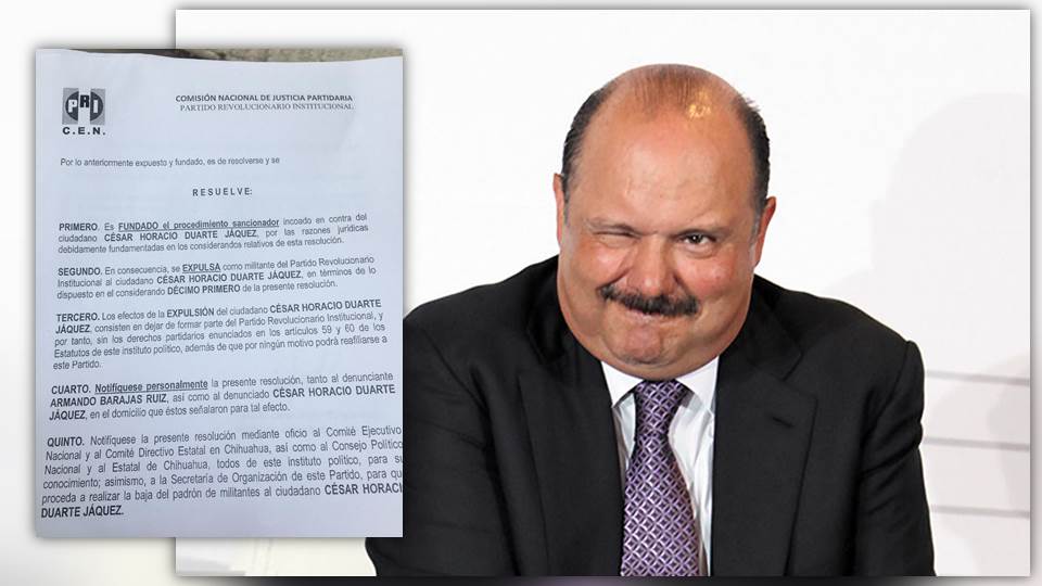 PRI expulsa de sus filas al Exgobernador de Chihuahua César Duarte