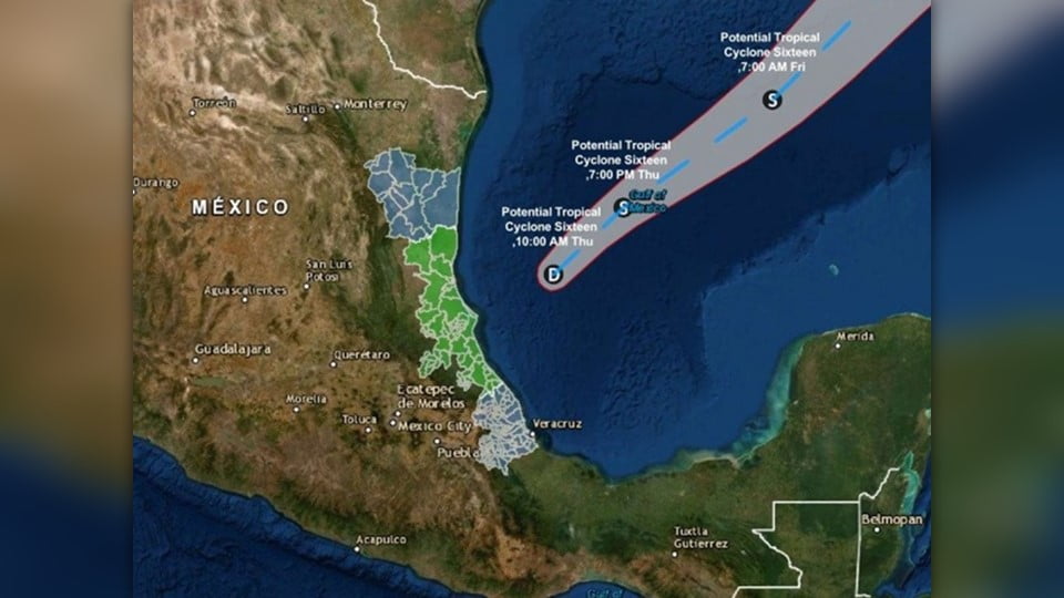 Ciclón tropical 16 provocará fuertes lluvias en Tamaulipas y Veracruz