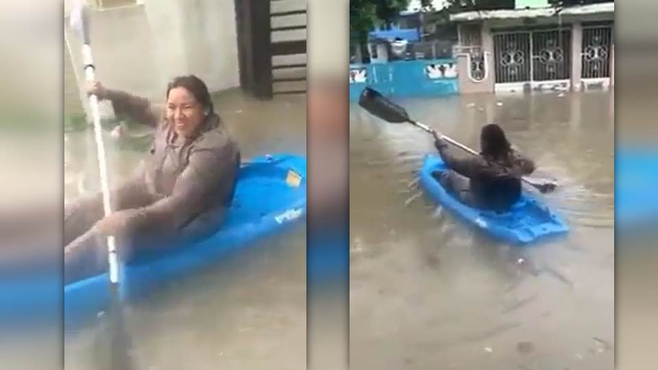 En Ciudad Madero, petrolera sale de su casa en kayak para ir a trabajar