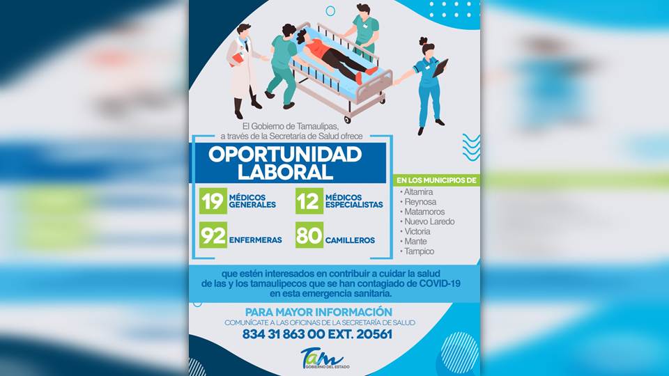 Lanzan convocatoria para contratar personal de salud que atienda en hospitales COVID de Tamaulipas