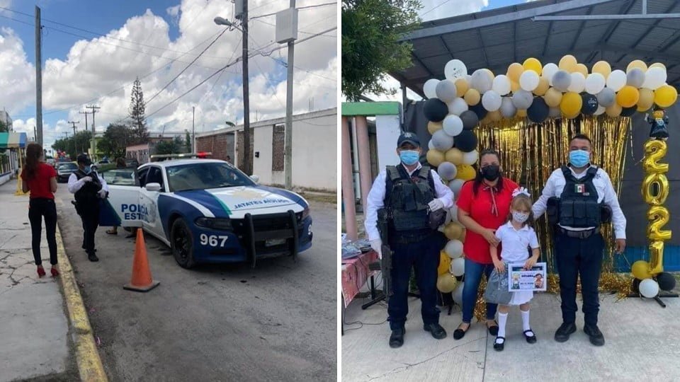Policías de Tamaulipas se vuelven vírales tras llevar a niña que caminaba en caravana de graduación porque no tiene vehículo