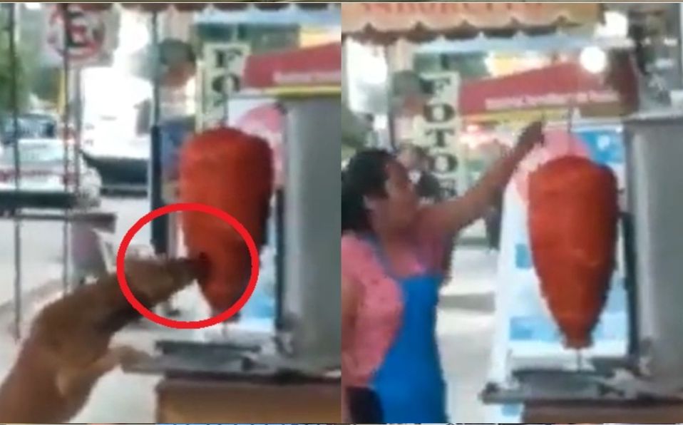 Perro callejero lame y come carne de trompo