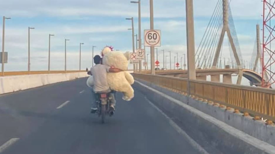 Por esta razón, hombre cruza puente Tampico con oso de peluche gigante