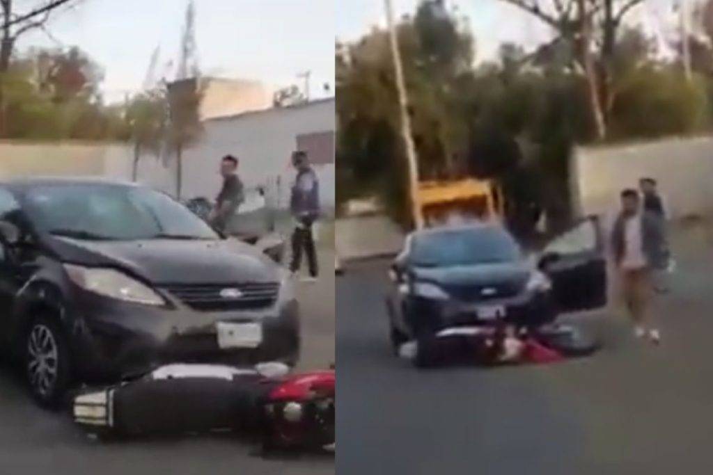 Hombre arrastra motocicleta para tratar de huir tras choque
