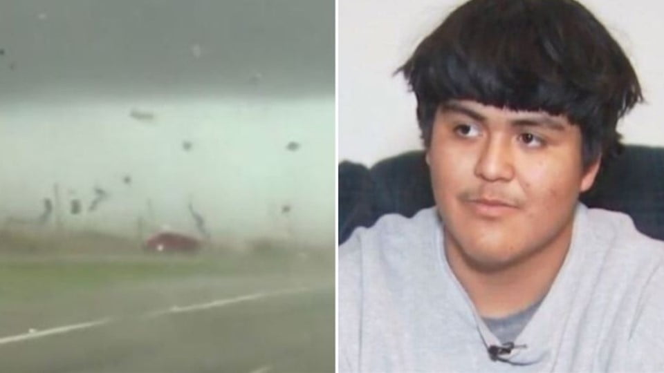 Momento en el que un tornado arrastra camioneta, conductor se salva de milagro