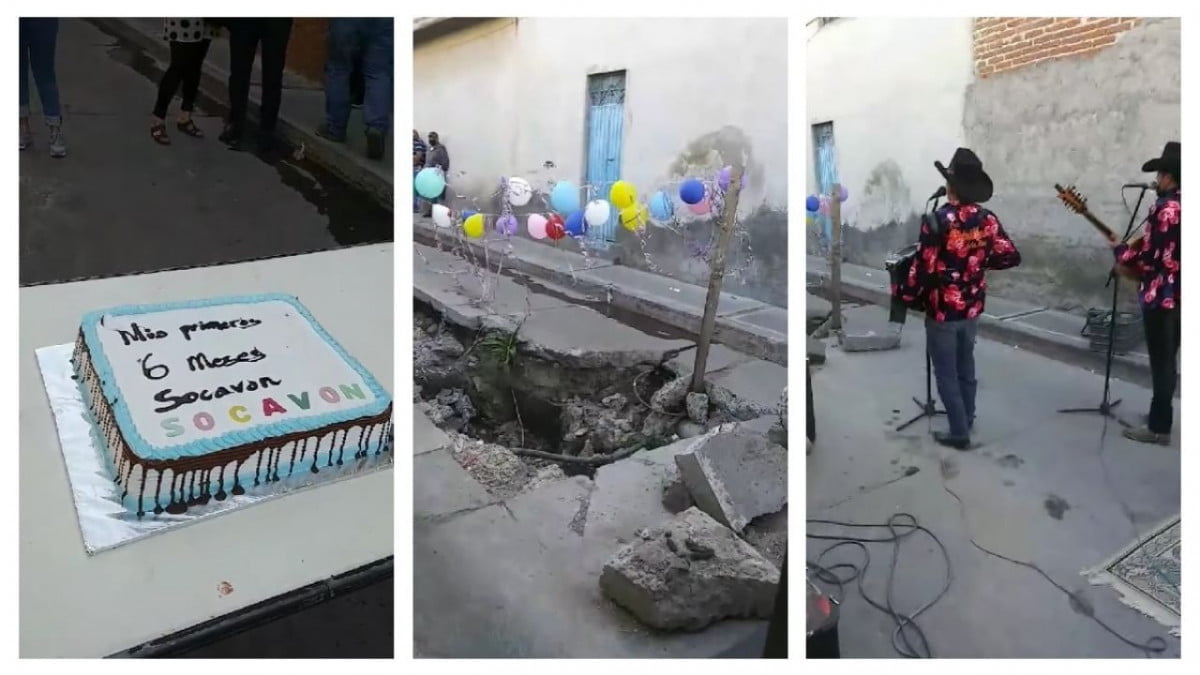 Vecinos celebran seis meses que cumplió un socavón en su colonia