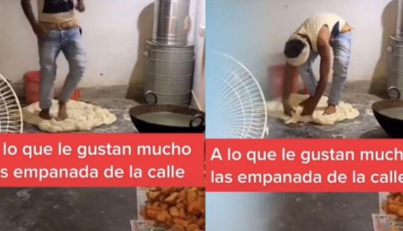 Vendedor de empanadas es captado preparando masa con los pies