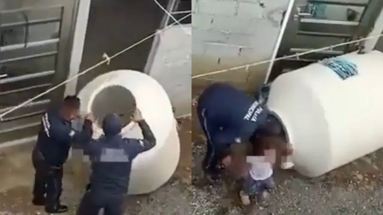 ¿Y los papás? Policías rescatan a pequeña atrapada en tinaco