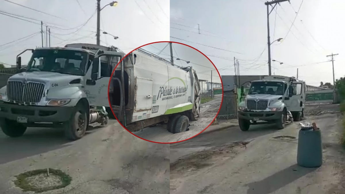 Cae camión de basura en socavón