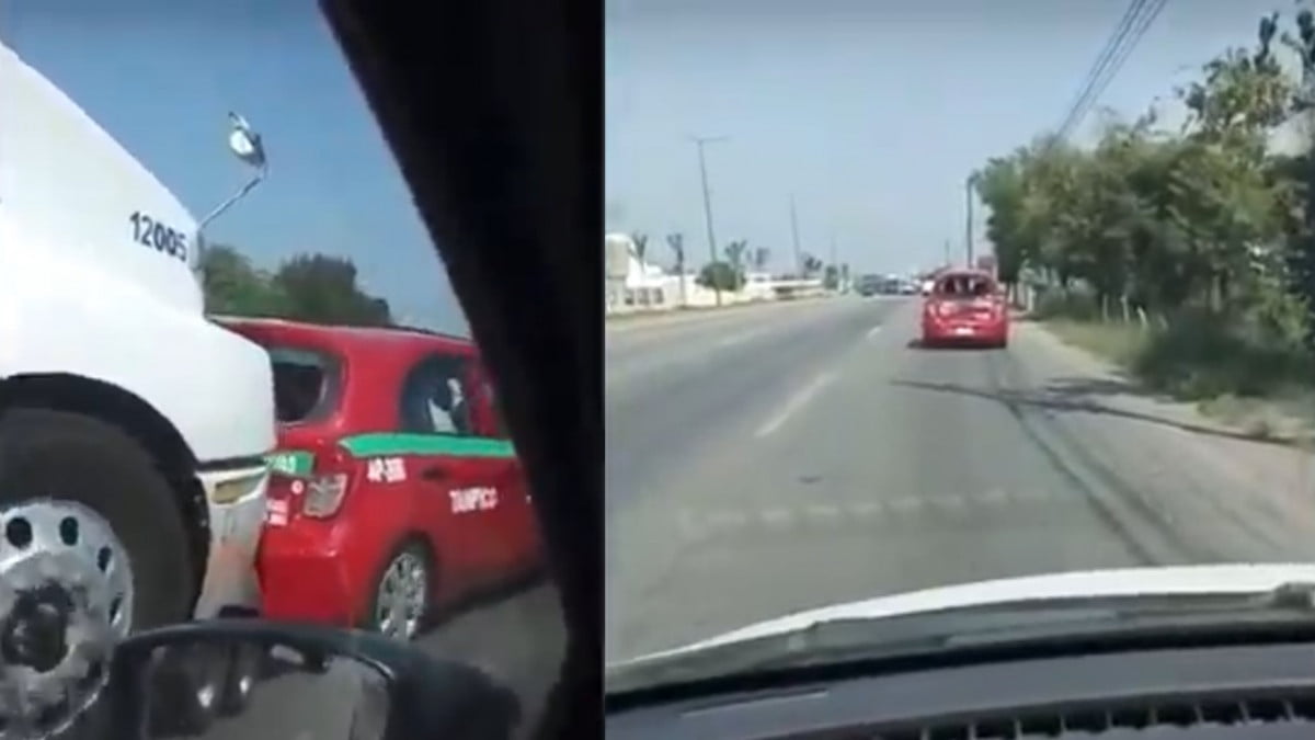 Captan el momento exacto en el que un taxi era empujado por tráiler