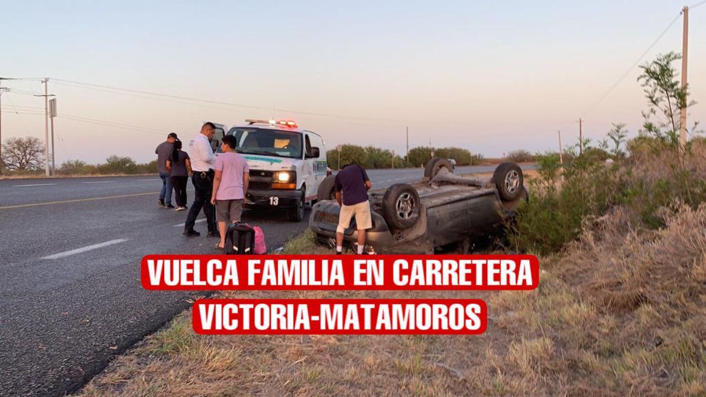 Familia victorense vuelca en la carretera Victoria-Matamoros