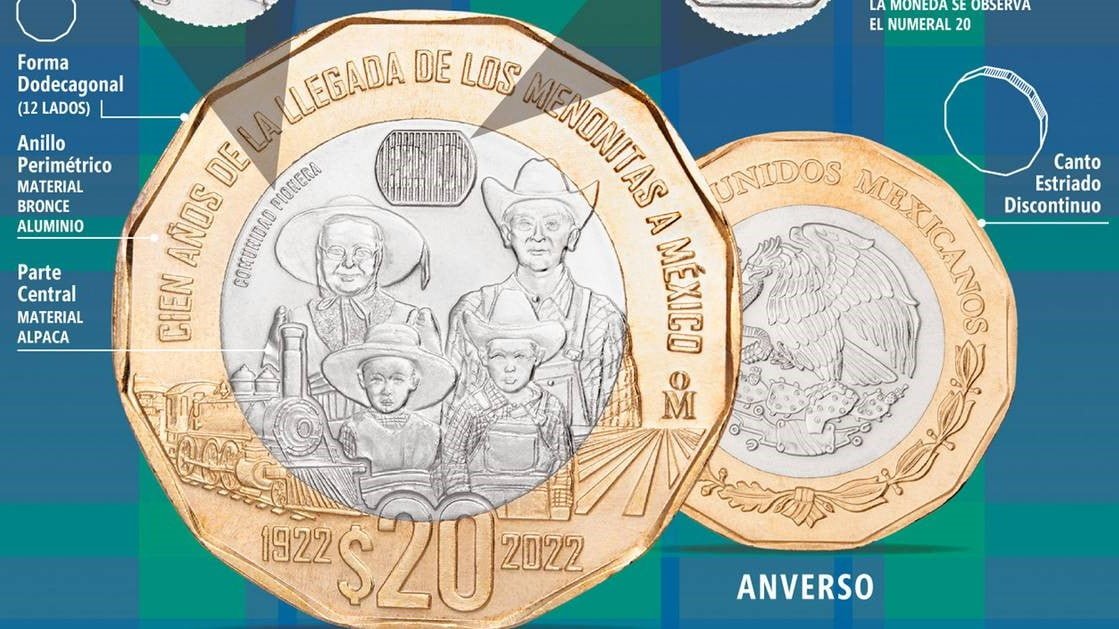 Así es la nueva moneda de 20 pesos conmemorativa por la llegada de los menonitas a México