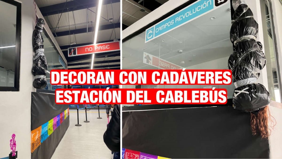 Estación de cablebús decorada con »cuerpos» embolsados por Halloween