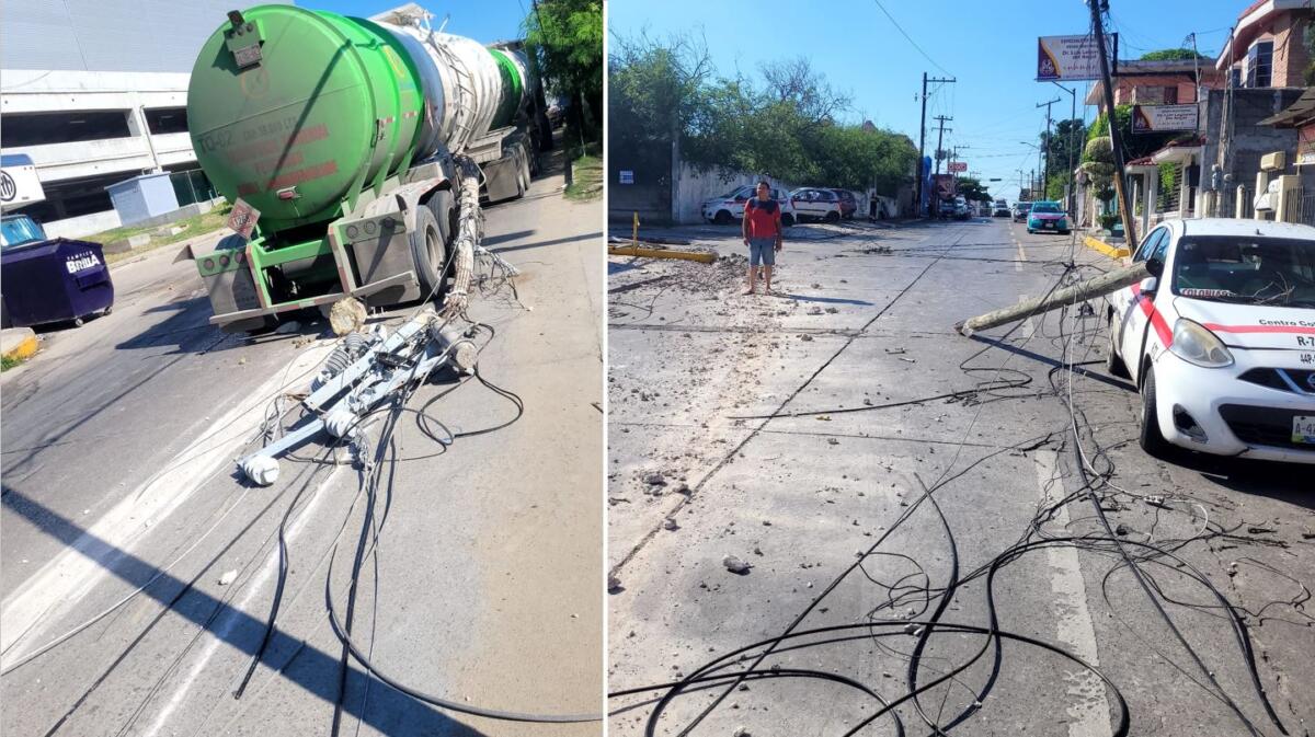 Trailero tumba postes de CFE y deja sector de Tampico sin luz