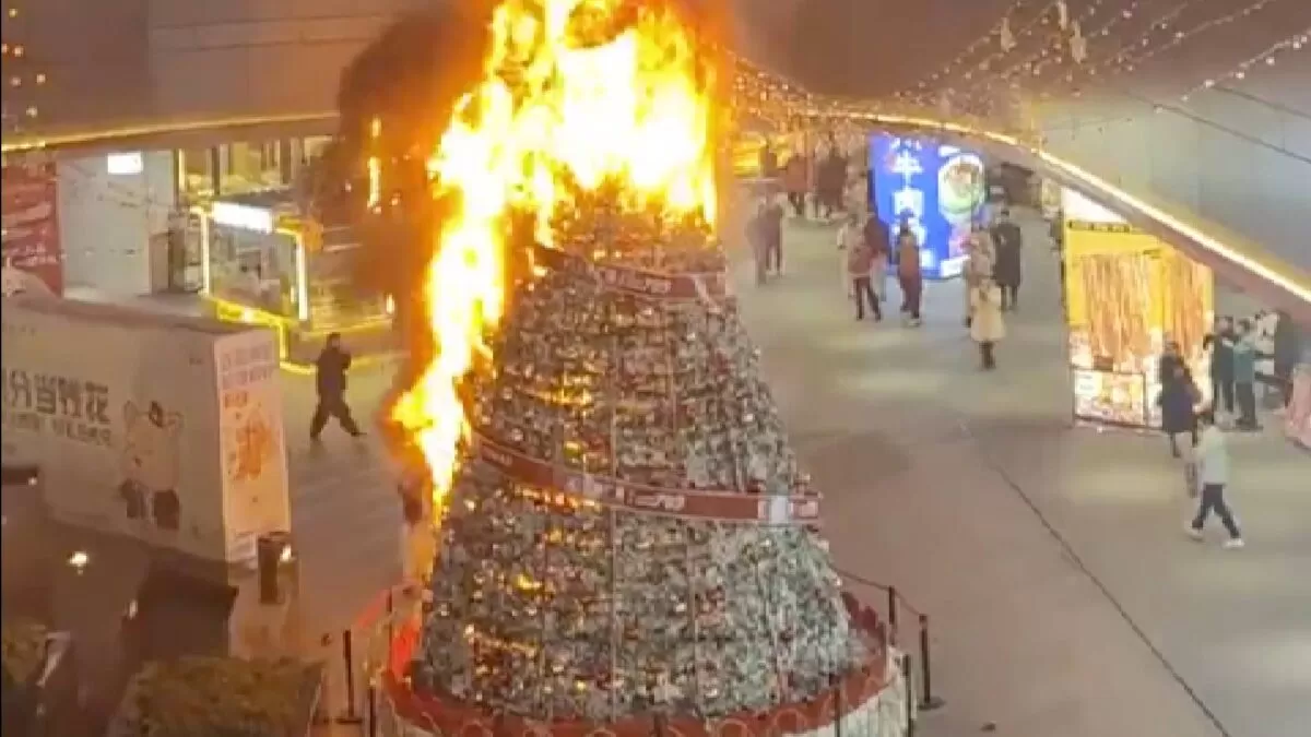 Árbol de Navidad gigante se incendia en centro comercial