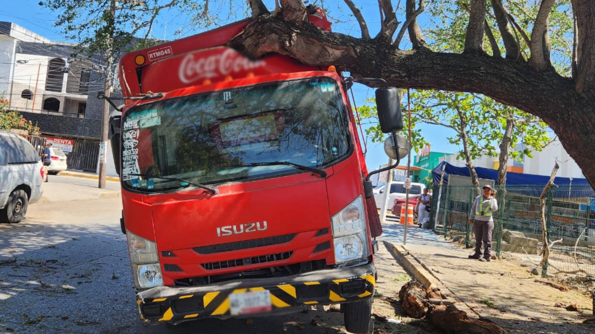 Camión refresquero derriba árbol en el centro de Ciudad Madero