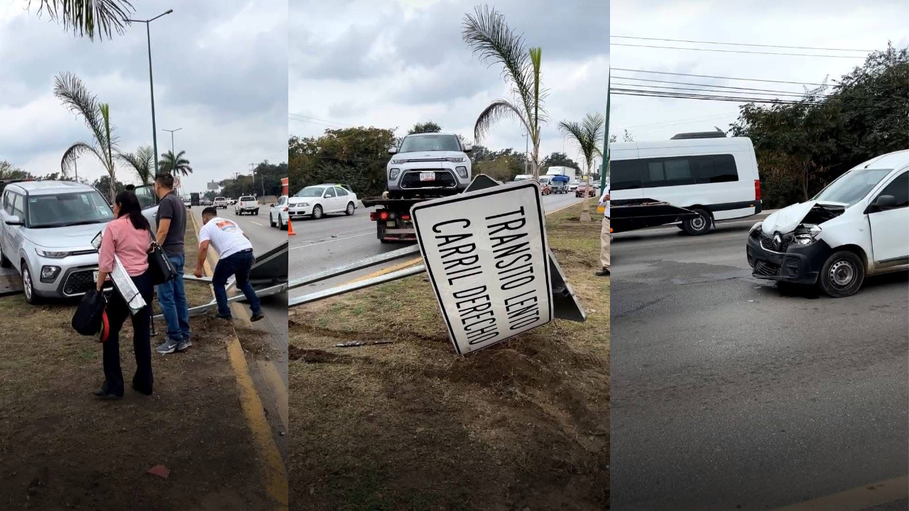 Fuerte choque provoca daños y tira señalamiento vial en Altamira