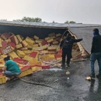 Rapiña por pollos tras volcadura en carretera Victoria-Matamoros